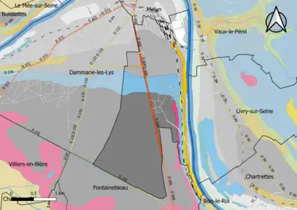 Carte montrant en couleurs le zonage géologique simplifié d'une commune