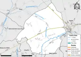 Carte en couleur présentant le réseau hydrographique de la commune