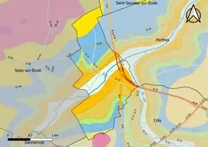 Carte montrant en couleurs le zonage géologique simplifié d'une commune