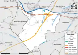 Carte en couleur présentant le réseau hydrographique de la commune