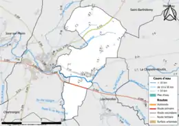 Carte en couleur présentant le réseau hydrographique de la commune