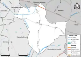 Carte en couleur présentant le réseau hydrographique de la commune