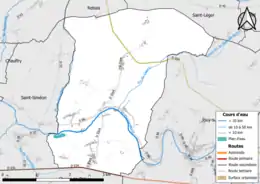 Carte en couleur présentant le réseau hydrographique de la commune