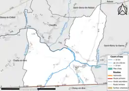 Carte en couleur présentant les réseaux hydrographique et routier de la commune