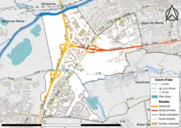 Carte en couleur présentant le réseau hydrographique de la commune