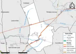 Carte en couleur présentant le réseau hydrographique de la commune