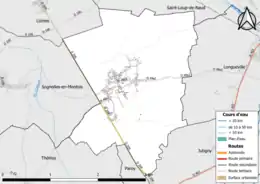 Carte en couleur présentant le réseau hydrographique de la commune