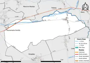 Carte en couleur présentant le réseau hydrographique de la commune