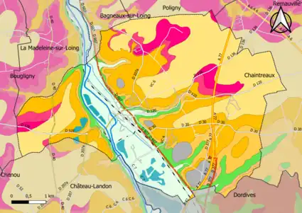 Carte montrant en couleurs le zonage géologique simplifié d'une commune