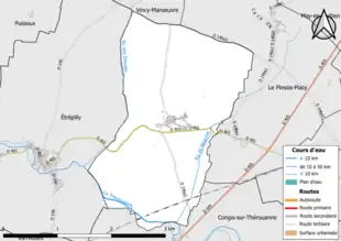 Carte en couleur présentant le réseau hydrographique de la commune