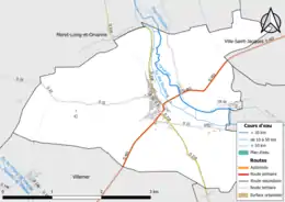 Carte en couleur présentant le réseau hydrographique de la commune