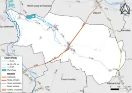 Carte en couleur présentant le réseau hydrographique de la commune