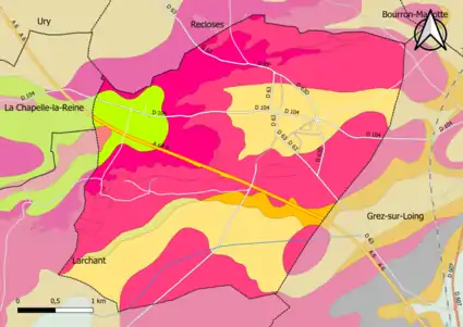 Carte montrant en couleurs le zonage géologique simplifié d'une commune