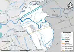 Carte en couleur présentant le réseau hydrographique de la commune