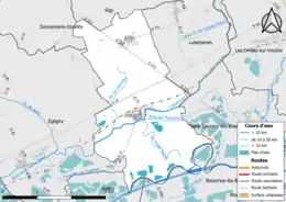 Carte en couleur présentant le réseau hydrographique de la commune