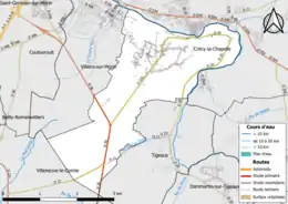 Carte en couleur présentant le réseau hydrographique de la commune