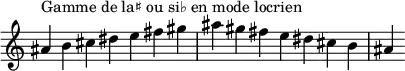  {
\override Score.TimeSignature #'stencil = ##f
\relative c'' {
  \clef treble \time 7/4
  ais4^\markup { Gamme de la♯ ou si♭ en mode locrien } b cis dis e fis gis ais gis fis e dis cis b ais
} }
