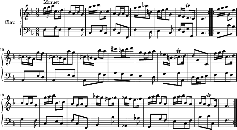 
\version "2.18.2"
\header {
  tagline = ##f
  % composer = "Domenico Scarlatti"
  % opus = "K. 94"
  % meter = "Minuet"
}
%% les petites notes
trillCisqp     = { \tag #'print { cis8.\trill } \tag #'midi { \times 2/3 { d32 cis d cis d cis~ } cis16 } }
trillGqp       = { \tag #'print { g8.\trill } \tag #'midi { \times 2/3 { a32 g a g a g~ } g16 } }
trillDqp       = { \tag #'print { d8.\trill } \tag #'midi { \times 2/3 { e32 d e d e d~ } d16 } }
upper = \relative c'' {
  \clef treble 
  \key f \major
  \time 3/8
  \tempo 4. = 40
  \set Staff.midiInstrument = #"harpsichord"
  \override TupletBracket.bracket-visibility = ##f
      \repeat volta 2 {
      s8*0^\markup{Minuet}
      \times 2/3 { f16[ g a] } c,8. d16 | bes8 a16 bes g8 |   \omit TupletNumber
 \times 2/3 { g'16[ a bes] } bes,8. c16 | a8 g16 a f8 | f'16 g aes8 b, |
      % ms. 6
      c16 d e8  g, | f16[ e] \trillDqp c16 |   \tempo 4. = 35 c4. |   \tempo 4. = 40
      }
      % ms. 9
      \repeat volta 2 {
      \times 2/3 { e'16[ f g] } g,8 d' | \times 2/3 { cis16[ b a] } g'8 f |
      % ms. 11
      \times 2/3 { cis16 b a } a'8 g | \times 2/3 { cis,16[ b a] } bes'8 a | cis b16 cis d8 | g, f16 g a8 | ees16[ b] \trillCisqp d16 |
      % ms. 16
      d8 g,   \tempo 4. = 35 c, |   \tempo 4. = 40 \times 2/3 { f'16[ g a] } c,8. d16 | bes8 a16 bes g8 | \times 2/3 { g'16[ a bes] } bes,8. c16 | a8 g16 a   \tempo 4. = 35 f8 |   \tempo 4. = 40
      % ms. 21
      aes'16[ g] fis8. g16 | ges16[ f] e8. f16 | \repeat unfold 2 { \times 2/3 { g16[ a bes] } bes,8 a } | bes16[ a] \trillGqp f16 | f4. \tempo 4. = 40
      } % fin volta
}
lower = \relative c' {
  \clef bass
  \key f \major
  \time 3/8
  \set Staff.midiInstrument = #"harpsichord"
  \override TupletBracket.bracket-visibility = ##f
    % ************************************** \appoggiatura \repeat unfold 2 {  } \times 2/3 { }
      \repeat volta 2 {
      f,8 a f | g4 f8 | c e c  | f c f, | f'4 d8 | 
      % ms. 6
      e4 c8 | f16 d g8 g, c4. 
      } % fin volta 1
      % ms. 9
      \repeat volta 2 {
      c8 c' bes a, e' d | 
      % ms. 11
      a8 f' e | a, g' f | a g f | e4 d8 | g a a, |
      % ms. 16
      d8 c16 d e8 | f a f | g4 f8 | c e c | f c f, |
      % ms. 21
      bes4 bes'8 | aes,4 aes'8 | g,8 g' f | e c f | bes c  c, | f4.
      } % fin volta 2
}
thePianoStaff = \new PianoStaff <<
    \set PianoStaff.instrumentName = #"Clav."
    \new Staff = "upper" \upper
    \new Staff = "lower" \lower
  >>
\score {
  \keepWithTag #'print \thePianoStaff
  \layout {
      #(layout-set-staff-size 17)
    \context {
      \Score
     \override SpacingSpanner.common-shortest-duration = #(ly:make-moment 1/2)
      \remove "Metronome_mark_engraver"
    }
  }
}
\score {
  \unfoldRepeats
  \keepWithTag #'midi \thePianoStaff
  \midi { }
}
