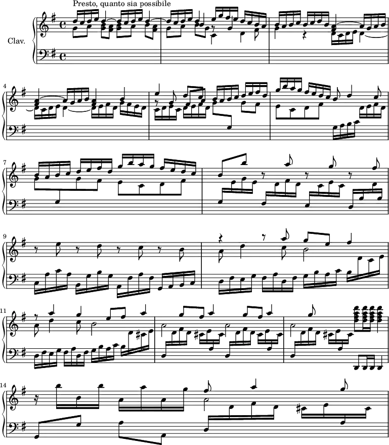 
\version "2.18.2"
\header {
  tagline = ##f
}
upper = \relative c'' {
  \clef treble 
  \key g \major
  \time 4/4
  \tempo 2 = 76
  \set Staff.midiInstrument = #"harpsichord"
      s8*0^\markup{Presto, quanto sia possibile}
      \stemUp \repeat unfold 3 { d16 c d e d4^~ } | e16 g fis e  d c b a | b a b c  b c d b \repeat unfold 2 { < fis a >4^~ a16 g a b } |
      % ms. 4 fin
      < fis a >4 b << { e4 d8 c } \\ { g8\rest \stemUp \shiftOnnn g8 fis[ a] } >> \stemUp b16 a b c d e fis d | g b a g fis e d c b8 d4 c8 |
      % ms. 7
      b16 a b c  d e fis d  g b a g  fis e d c | b8 b' r8 a8 r8 g8 r8 fis8 |
      % ms. 9
      \stemNeutral r8 e8 r8 d8  r8 c8 r8 b8 |
      % ms. 10
      << { r4 r8 a' g e8 | fis4 r8 a4 g e8 | \repeat unfold 3 { fis8 a4 g8 } } \\ { a,8 d4 c8 b2 | a8 d4 c8 b2 | a2 a | a } >>
      % ms. 13 fin
      < d fis a d >8 q16 q q4 | r16 b'16 b, b' a, a' a, g' << { fis8 a4 g8 } \\ { a,2 } >>
}
lower = \relative c' {
  \clef bass
  \key g \major
  \time 4/4
  \set Staff.midiInstrument = #"harpsichord"
    % **************************************
      \stemDown \change Staff = "upper" g'8 a < g b >[ < fis a >] < g b > a b[ < fis a >] | << { \shiftOnnn s4 b4 g8\rest g4 \stemDown fis8 g4 } \\ { g8 a b[ g] c,4 d } >> r4 \repeat unfold 2 { d16 c d e d4_~ } |
      % ms. 4
      d16 e fis d  g16 fis e d | c d e c d e fis d g8 \stemUp \change Staff = "lower" g,8 \stemDown \change Staff = "upper" g'8[ fis] | e c d fis \change Staff = "lower" g,16 a b c  \stemDown \change Staff = "upper" d16 e fis d |
      % ms. 7
      g8 \stemUp \change Staff = "lower" g,8 \stemDown \change Staff = "upper" g'8 fis | e c d fis 
      % ms. 8
      \stemUp \change Staff = "lower" g,16  \stemDown \change Staff = "upper" e' g e \stemUp \change Staff = "lower" fis,16 \stemDown \change Staff = "upper" d' fis d \stemUp \change Staff = "lower" e,16 \stemDown \change Staff = "upper" c' e c \stemUp \change Staff = "lower" d, b' \stemDown \change Staff = "upper" d |
      % ms. 9
      \stemUp \change Staff = "lower" b16 \stemNeutral c, a' c a b, g' b g a, fis' a fis g,16 a b c |
      % ms. 10
      d16 fis e g fis a d, fis g b a c b \stemDown \change Staff = "upper" d c e | \change Staff = "lower"  d,16 fis e g fis a d, fis g b a c b \stemDown \change Staff = "upper" d cis e | \repeat unfold 3 { \stemUp \change Staff = "lower"  d, \stemDown \change Staff = "upper" d' fis d cis e \stemUp \change Staff = "lower" a, \stemDown \change Staff = "upper" cis }
      % ms. 13 fin
      \stemNeutral \change Staff = "lower" d,,8 d16 d d4 | g8[ g'] a a,  d16 \stemDown \change Staff = "upper" d' fis  d cis e \stemUp \change Staff = "lower"  a, \stemDown \change Staff = "upper" cis
}
thePianoStaff = \new PianoStaff <<
    \set PianoStaff.instrumentName = #"Clav."
    \new Staff = "upper" \upper
    \new Staff = "lower" \lower
  >>
\score {
  \keepWithTag #'print \thePianoStaff
  \layout {
      #(layout-set-staff-size 17)
    \context {
      \Score
     \override SpacingSpanner.common-shortest-duration = #(ly:make-moment 1/2)
      \remove "Metronome_mark_engraver"
    }
  }
}
\score {
  \keepWithTag #'midi \thePianoStaff
  \midi { }
}
