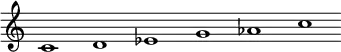 
 \relative c'  {\override Score.BarLine.stencil = ##f \override Score.TimeSignature.stencil = ##f c1 d ees g aes c}
