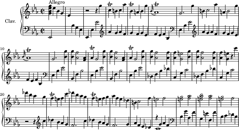 
\version "2.18.2"
\header {
  tagline = ##f
  % composer = "Domenico Scarlatti"
  % opus = "K. 123"
  % meter = "Allegro"
}
%% les petites notes
trillBesDown     = { \tag #'print { bes,4\trill } \tag #'midi { \times 2/3 { c16 bes c } bes8 } }
trillCDown       = { \tag #'print { c,4\trill } \tag #'midi { \times 2/3 { d16 c d } c8 } }
trillAesr        = { \tag #'print { \appoggiatura bes,32 aes1\trill } \tag #'midi { \repeat unfold 5 { bes16 aes~ } aes4 g16 aes } }
trillAes         = { \tag #'print { aes4\trill } \tag #'midi { \times 2/3 { bes16 aes bes } aes8 } }
trillF           = { \tag #'print { f4\trill } \tag #'midi { \times 2/3 { g16 f g } f8 } }
upper = \relative c'' {
  \clef treble 
  \key ees \major
  \time 2/2
  \tempo 2 = 92
  \set Staff.midiInstrument = #"harpsichord"
  \override TupletBracket.bracket-visibility = ##f
      s8*0^\markup{Allegro}
      < g bes ees g >4 ees' bes g | ees s2. | r2 r4 g'4 \trillCDown b4 c aes' | \trillBesDown a4 bes g' |
      % ms. 6
      \trillAesr | g2. g'4 | b, c2 aes'4 | a,! bes2 g'4 | \trillAesr | g2. < bes g' >4
      % ms. 12
      \repeat unfold 2 { < bes g' >4 < aes f' >2 < f aes >4 | \trillAes g2 < bes g' >4 } | q < aes f' >2 q4 | q < g e' >2 < bes g' >4
      % ms. 18
      q < aes f' >2 q4 | q < g e' >4 r4 c'4 | des bes aes g | \trillF e4 f c' | des bes aes g | \trillF e4 f g |
      % ms. 24
      aes4 f ees des | b c2 f4 | e2 f | < e g > < f aes > | < e g bes > < f aes > | < e g > f | 
}
lower = \relative c' {
  \clef bass
  \key ees \major
  \time 2/2
  \set Staff.midiInstrument = #"harpsichord"
  \override TupletBracket.bracket-visibility = ##f
    % ************************************** \appoggiatura \repeat unfold 2 {  } \times 2/3 { }
      ees,,2 s2. bes''4 g ees | ees, ees' ees'2 |
      % ms. 4
      \repeat unfold 2 {   \clef treble  aes4 g aes f | g f g ees | f ees f bes, |    \clef bass ees, bes' ees2   }
      % ms. 12
      \repeat unfold 2 { bes,4 f' bes2 | ees,4 bes' ees2 } | \repeat unfold 2 { des,4 f bes des | c, g' c2 } |  
      % ms. 20
      r2 r4 \clef treble   c'4 | des bes aes g | f2. c'4 | des bes aes g |
      % ms. 24
      f2. g4 | aes4 f ees des| << { r4 g4 aes f } \\ { c1 } >>  |   \clef bass bes4 g' aes, f' | g, e' f, f' | bes, c des bes |
}
thePianoStaff = \new PianoStaff <<
    \set PianoStaff.instrumentName = #"Clav."
    \new Staff = "upper" \upper
    \new Staff = "lower" \lower
  >>
\score {
  \keepWithTag #'print \thePianoStaff
  \layout {
      #(layout-set-staff-size 17)
    \context {
      \Score
     \override SpacingSpanner.common-shortest-duration = #(ly:make-moment 1/2)
      \remove "Metronome_mark_engraver"
    }
  }
}
\score {
  \keepWithTag #'midi \thePianoStaff
  \midi { }
}
