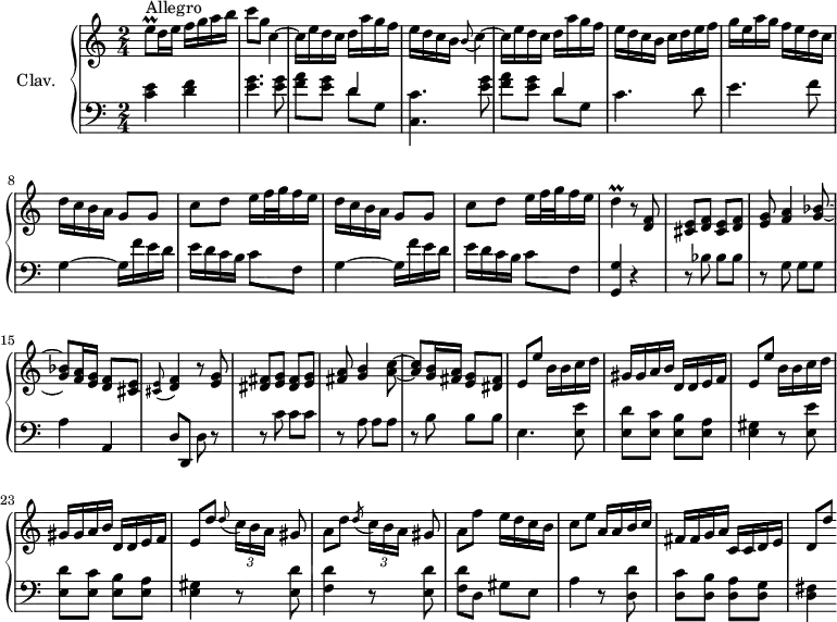 
\version "2.18.2"
\header {
  tagline = ##f
  % composer = "Domenico Scarlatti"
  % opus = "K. 200"
  % meter = "Allegro"
}
%% les petites notes
trillD      = { \tag #'print { d4\prall } \tag #'midi { e32 d e d~ d8 } }
upper = \relative c'' {
  \clef treble 
  \key c \major
  \time 2/4
  \tempo 4 = 96
  \set Staff.midiInstrument = #"harpsichord"
  \override TupletBracket.bracket-visibility = ##f
      s8*0^\markup{Allegro}
      e8\prall d16 e f g a b | c8 g c,4~ | c16 e d c d a' g f | e d c b \appoggiatura b8 c4~ | c16 e d c d a' g f |
      % ms. 6
      e16 d c b c d e f | g e a g f e d c | \repeat unfold 2 { d c b a g8 g | c d e16 f32 g f16 e } |
      % ms. 12
      \trillD r8 < d, f >8 | \repeat unfold 2 { < cis e >8 < d f > } | < e g >8 < f a >4 < g bes >8~ | q < f a >16 < e g > < d f >8 < cis e > |
      % ms. 16
      \appoggiatura < cis e >8 < d f >4 r8 < e g > | \repeat unfold 2 { < dis fis >8 < e g > } | < fis a > < g b >4 < a c >8~ | q < g b >16 < fis a > < e g >8 < dis fis > | \repeat unfold 2 { e8 e' b16 b c d |
      % ms. 21
      gis,16 gis a b d, d e f } | e8 d' \appoggiatura  d8 \times 2/3 { c16[ b a] } gis8 | a d \acciaccatura  d8 \times 2/3 { c16[ b a] } gis8 | 
      % ms. 26
      a8 f' e16 d c b | c8 e a,16 a b c | fis, fis g a c, c d e | d8 d' 
}
lower = \relative c' {
  \clef bass
  \key c \major
  \time 2/4
  \set Staff.midiInstrument = #"harpsichord"
  \override TupletBracket.bracket-visibility = ##f
    % ************************************** \appoggiatura \repeat unfold 2 {  } \times 2/3 { }
      < c e >4 < d f > < e g >4.  < e g >8 | < f a >8 < e g > << { d4 } \\ { d8 g, } >> < c, c' >4. < e' g >8 | < f a >8 < e g > << { d4 } \\ { d8 g, } >> 
      % ms. 6
      c4. d8 | e4. f8 | \repeat unfold 2 { g,4~ g16 f' e d | e d c b c8 f, } |
      % ms. 12
      < g, g' >4 r4 | r8 bes'8 bes bes | r8 g8 g g | a4 a, |
      % ms. 16
      d8 d, d' r8 | r8 c'8 c c | r8 a8 a a | r8 b8 b b | e,4. \repeat unfold 2 { < e e' >8 |
      % ms. 
      < e d' >8 < e c' > < e b' > < e a > < e gis >4 r8 } < e d' >8 | < f d' >4 r8 < e d' >8 |
      % ms. 24
      < f d' >8 d gis e | a4 r8 < d, d' >8 < d c' > < d b' > < d a' > < d g > | < d fis >4
}
thePianoStaff = \new PianoStaff <<
    \set PianoStaff.instrumentName = #"Clav."
    \new Staff = "upper" \upper
    \new Staff = "lower" \lower
  >>
\score {
  \keepWithTag #'print \thePianoStaff
  \layout {
      #(layout-set-staff-size 17)
    \context {
      \Score
     \override SpacingSpanner.common-shortest-duration = #(ly:make-moment 1/2)
      \remove "Metronome_mark_engraver"
    }
  }
}
\score {
  \keepWithTag #'midi \thePianoStaff
  \midi { }
}
