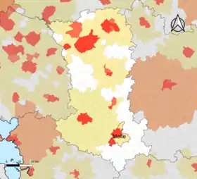 Localisation de l'aire d'attraction de Melle dans le département des Deux-Sèvres.