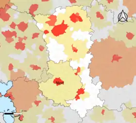 Localisation de l'aire d'attraction de Niort dans le département des Deux-Sèvres.