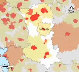 Localisation de l'aire d'attraction de Parthenay dans le département des Deux-Sèvres.