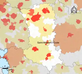 Localisation de l'aire d'attraction de Saint-Maixent-l'École dans le département des Deux-Sèvres.