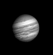 Mouvement de l'atmosphère de Jupiter (depuis Voyager 1, avec une image par jour jovien, entre le 6 janvier et le 3 février 1979).
