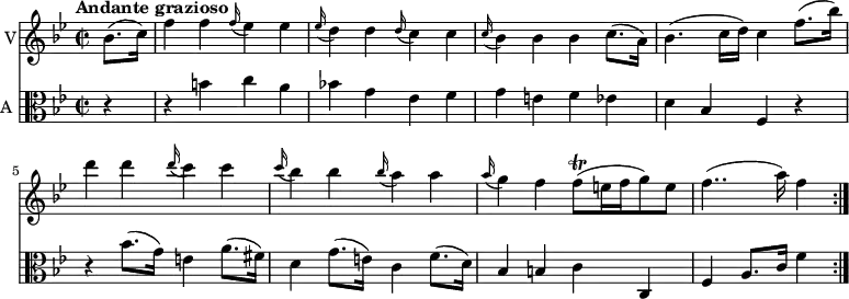 
<< \new Staff \with { instrumentName = #"V"}  
     \relative c'' {
    \version "2.18.2"
    \key bes \major 
    \tempo "Andante grazioso"
    \time 2/2
    \tempo 4 = 100
    \partial 4
   bes8.  (c16)
   f4 f  \grace f16 ( ees4) ees
   \grace ees16 ( d4) d \grace d16 (c4) c
   \grace c16 (bes4) bes bes c8. (a16)
   bes4. (c16 d) c4 f8. (bes16)
   d4 d  \grace d16 (c4) c
    \grace c16 (bes4) bes  \grace bes16 (a4) a
     \grace a16 (g4) f f8\trill (e16 f g8) e8
     f4.. (a16) f4 \bar ":|."
}
\new Staff \with { instrumentName = #"A "} \relative c' {
    \key bes \major 
    \clef "alto"
     \partial 4 r4 r
     b' c a
     bes! g ees f
     g e f ees
     d bes f r
     r bes'8. (g16) e4 a8. (fis16)
     d4 g8. (e16) c4 f8. (d16)
     bes4 b c c,
     f a8. c16 f4
}
>>
