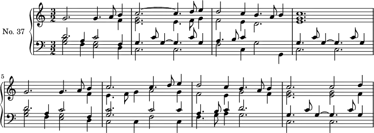 
\version "2.14.2"
\header {
  tagline = ##f
}
upper = \relative c'' {
  \clef treble 
  \key a \minor
  \time 3/2
  \tempo 2 = 78
  \autoBeamOff
  \set Staff.midiInstrument = #"harpsichord"
  << { g2. g4. a8 b4 } \\ { s2 s2 s4 f4 } >>
  << { c'2.~ c4. d8 e4 } \\ { << g,2. e2. >> e4. f8 g4 } >>
  << { d'2 c4 b4. a8 b4  } \\ { f2 e4 d2. } >>
  << c'1. g1. e1. >>
  << { g2. g4. a8 b4 } \\ { s2 s2 s4 f4 } >>
  << { c'2. c4. d8 e4 } \\ { e,4. f8 g4 a2 g4 } >>
  << { d'2 c4 b4. a8 b4  } \\ { f2 e4 g2 f4 } >>
  << { c'2. c2 d4  } \\ { << g,2. e2. >> << g2 e2 >> f4 } >>
}
lower = \relative c {
  \clef bass
  \key a \minor
  \time 3/2
  \set Staff.midiInstrument = #"harpsichord"
  << { d'2. c2 f,4 } \\ { << b2 g2 >>  f4 << g2 e2 >> d4 } \\ { s2 a'4 } >>
  << { g4. c8 g4~ g4. c8 g4 } \\ { c,2. c2. } >>
  << { a'4. b8 c4 } \\ { f,2 c4 g'2 g,4 } >>
  << { g'4. c8 g4~ g4. c8 g4 } \\ { c,2. c2. } >>
  << { d'2. c2 f,4 } \\ { << b2 g2 >>  f4 << g2 e2 >> d4 } \\ { s2 a'4 } >>
  << { << c2. g2. >> c2 c4 } \\ { c,2 c4 f2 c4 } >>
  << { a'4. b8 c4 d2. } \\ { f,4. g8 a4 g2. } >>
  << { g4. c8 g4~ g4. c8 g4~ } \\ { c,2. c2. } >>
}
\score {
  \new PianoStaff <<
    \set PianoStaff.instrumentName = #"No. 37"
    \new Staff = "upper" \upper
    \new Staff = "lower" \lower
  >>
  \layout {
    \context {
      \Score
      \remove "Metronome_mark_engraver"
    }
  }
  \midi { }
}
