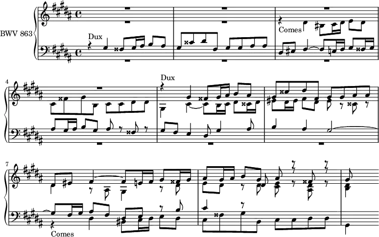
\version "2.18.2"
\header {
  tagline = ##f
}
DuxNotes      = \relative { r4 gis4 fisis8 gis16 ais b8 ais gis cisis dis fis, gis gis ais ais dis, }
Dux           = { s4*0^\markup{Dux} \DuxNotes }
Comes         = { r4_\markup{Comes} dis4 bis8 cis16 dis e8 dis cis fisis gis b, cis cis dis dis }
ContreSujet  = { cis4~ cis8 b16 cis dis8 cisis16 dis eis8 dis16 eis fis8 dis eis r8 cisis r8  }
ContreSujetS = { gis4 ais8 b4 ais gis2~ }
upper = \relative c' 
{
  \clef treble 
  \key gis \minor
  \time 4/4
  \tempo 4 = 63
  \set Staff.midiInstrument = #"harpsichord" 
   %% FUGUE CBT I-18, BWV 863, sol-dièse mineur
   << { R1*4 \transpose gis gis' { \relative \Dux }  eis8 \transpose cis fis \relative c' { \ContreSujet } gis8 } \\ { R1*2 \transpose dis dis' { \relative \Comes gis,4 } \transpose gis gis' { \relative \ContreSujet dis4 } r8 ais,8 gis4 r8 dis'8 e dis r8 \stemUp \mergeDifferentlyHeadedOn \shiftOn dis \stemDown < cis e >8 r8 < dis ais > r8 < dis b >4 } >> %% À faire : fusion des deux ré ?
}
lower = \relative c'
 {
  \clef bass 
  \key gis \minor
  \time 4/4
  \set Staff.midiInstrument = #"harpsichord" 
  << { \Dux eis,8 \transpose cis fis \relative { \ContreSujet } \tag #'print gis8 \tag #'midi r8 fis8 e4 dis8 \ContreSujetS gis8 fis16 gis ais8 fis dis e r8 b'8 cis4 r8 \stemDown \change Staff = "upper" dis8 s8 r8 s8 r8 } \\ { R1*6  \relative c { \Comes gis,4 } } >>
} 
 thePianoStaff = \new PianoStaff <<
    \set PianoStaff.instrumentName = #"BWV 863"
    \new Staff = "upper" \upper
    \new Staff = "lower" \lower
  >>
\score {
  \keepWithTag #'print \thePianoStaff
  \layout {
    \context {
      \Score
      \remove "Metronome_mark_engraver"
      %\override SpacingSpanner.common-shortest-duration = #(ly:make-moment 1/3) 
    }
  }
}
\score {
  \keepWithTag #'midi \thePianoStaff
  \midi { }
}
