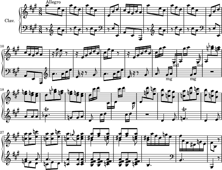 
\version "2.18.2"
\header {
  tagline = ##f
  % composer = "Domenico Scarlatti"
  % opus = "K. 182"
  % meter = "Allegro"
}
%% les petites notes
trillBesp     = { \tag #'print { bes4.\trill } \tag #'midi { c32 bes c bes~ bes4 } }
trillFp       = { \tag #'print { f4.\trill } \tag #'midi { g32 f g f~ f4 } }
upper = \relative c'' {
  \clef treble 
  \key a \major
  \time 3/8
  \tempo 4. = 62
  \set Staff.midiInstrument = #"harpsichord"
  \override TupletBracket.bracket-visibility = ##f
      s8*0^\markup{Allegro}
      \repeat unfold 2 { a'8 e cis | a' fis d | a' e cis | e, b' d | cis16 a gis b   \tempo 4. = 50 a8 \tempo 4. = 62 } |
      % ms. 11
      \autoBeamOff r16 fis'16 e8 r8 \autoBeamOn | r16 e,16 gis b d b | cis fis e8 r8 | 
      % ms. 14
      r16 e,16 gis b d b | cis gis' a s8 gis,,16[-\markup{md} | a] gis''[ a] s8 gis,,16-\markup{md} \stemUp a8 \stemDown < g'' bes > < f a > | < e g > < d f > < cis e > | d8 < g bes > < f a > |
      % ms. 20
       < e g > < d f > < cis e > | d16 cis' d s8 cis,,16[ | d] cis''[ d] s8 cis,,16 | \stemUp d8 \stemDown < f' d' >8 < e c' > | < d b' > < c a' > < b gis' > | < c a' > < f d' >8 < e c' > |
      % ms. 26
      < d b' > < c a' > < b gis' > | \repeat unfold 2 { < c a' > q < e c' > } | < c a' >8 \appoggiatura g'16 < c, fis >8 < c e a > | \repeat unfold 2 { << { < dis a' >8  < fis a > < e a > } \\ { b4 c8 } >> } | < b dis >16 a' fis dis g e |
      % ms. 33
      fis16 a, fis dis g e | fis8 b, r8 |
}
lower = \relative c' {
  \clef bass
  \key a \major
  \time 3/8
  \set Staff.midiInstrument = #"harpsichord"
  \override TupletBracket.bracket-visibility = ##f
    % ************************************** \appoggiatura \repeat unfold 2 {  } \times 2/3 { }
      \repeat unfold 2 { r8   \clef treble  cis'8 a | r8 d b | r8 cis a    \clef bass | r8 e,8 e,  | a e a, } |   \clef treble 
      % ms. 11
      \repeat unfold 2 { a'''8. a16 cis e | e,16 r16 r8 gis8 } | a16 s8 gis16[-\markup{mg} a] s8 | s8 gis16[-\markup{mg} a] s16 | R4. | a8 a a | \trillBesp |
      % ms. 20
      g8 g a | d,8 s16 cis'16[ d] s4 cis16[ d] s16 | R4. | d,4 e8 | \trillFp | 
      % ms. 26
      d4 e8 | << { a4 a8 | a4. } \\ { f8 e d | c e d } >> | < c a' > q < c e a > | \repeat unfold 2 { < b e fis a > q < c e fis a > } b4. |   \clef bass
      % ms. 33
      b,4. | b,4 r8
}
thePianoStaff = \new PianoStaff <<
    \set PianoStaff.instrumentName = #"Clav."
    \new Staff = "upper" \upper
    \new Staff = "lower" \lower
  >>
\score {
  \keepWithTag #'print \thePianoStaff
  \layout {
      #(layout-set-staff-size 17)
    \context {
      \Score
     \override SpacingSpanner.common-shortest-duration = #(ly:make-moment 1/2)
      \remove "Metronome_mark_engraver"
    }
  }
}
\score {
  \keepWithTag #'midi \thePianoStaff
  \midi { }
}
