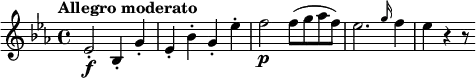 
\relative c' {
  \key es \major
  \tempo "Allegro moderato"
  es2-.\f bes4-. g'-. | es-. bes'-. g-. es'-. | f2\p f8( g as f) | es2. \grace g16 f4 | es r r8
}
