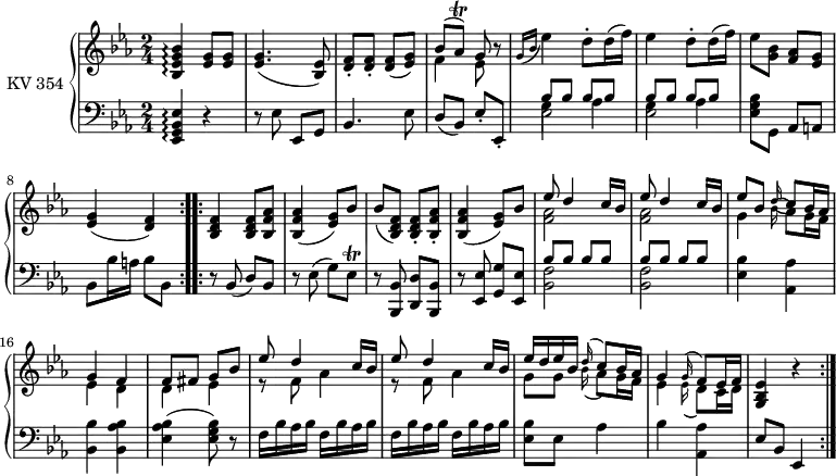 
\version "2.14.2"
\header {
  tagline = ##f
}
upper = \relative c'' { 
         \clef "treble"          
         \key ees \major
         \time 2/4 
         \tempo 4 = 72                 
         \set Staff.midiInstrument = #"piano"
  \repeat volta 2 {
         <bes, ees g bes>4\arpeggio <ees g>8 <ees g>
         <ees g>4. (<bes ees>8)
         <d f>-. <d f>-. <d f> (<ees g>)
         <<{ \stemDown f4 ees8}  \\ { \stemUp bes'8 ^ (aes ^ \trill)  g}>> r8 
          \grace {g16 (bes} ees4) d8-. d16 (f)
         ees4 d8-. d16 (f)
         ees8 <g, bes> <f aes> <ees g>
         <ees g>4 (<d f>)
          }
  \repeat volta 2 { 
          <bes d f>4 <bes d f>8 <bes f' aes>
          <bes  f' aes>4 (<ees g>8) bes'
          bes ( <bes, d f>8)  <bes d f>-.  <bes  f' aes>-.
           <bes f' aes>4 ( <ees g>8) bes'
           <<  {\stemDown <f aes>2}  \\ { \stemUp ees'8 d4 c16 bes}>>
           <<  {\stemDown <f aes>2}  \\ { \stemUp ees'8 d4 c16 bes}>>
           <<  {\stemDown g4 \grace bes16 (aes8) g16 f ees4 d d ees}  \\ { \stemUp ees'8 bes  \grace d16 ( c8) bes16 aes g4 f f8 fis g bes}>>
            << { \stemUp  ees8 d4 c16 bes ees8 d4 c16 bes ees d ees bes  \grace d16 (c8) bes16 aes g4  \grace g16 (f8) ees16 f}   \\   {\stemDown r8 f aes4 r8 f aes4 g8 g  \grace bes16 (aes8) g16 f ees4  \grace ees16 (d8) c16 d}>>
            <g, bes ees>4 r
       }
}
lower = \relative c {
        \clef "bass" 
        \key ees \major
        \time 2/4 
        \set Staff.midiInstrument = #"piano"
  \repeat volta 2 { 
    <ees, g bes ees>4 \arpeggio  r
    r8 ees' ees, g
    bes4. ees8
    d (bes) ees-. ees,-.
    <<  {\stemDown ees'2}  \\ { \stemDown g4 aes}  \\ { \stemUp bes8 bes bes bes}>>
    <<  {\stemDown ees,2}  \\ { \stemDown g4 aes}  \\ { \stemUp bes8 bes bes bes}>>
    < ees, g bes>8 g, aes a
    bes bes'16 a bes8 bes,
  } 
  \repeat volta 2 {
    r8 bes8 (d) bes
    r ees (g) ees \trill
    r <bes, bes'> <d d'> <bes bes'>
    r <ees ees'> <g g'> <ees ees'>
    <<  { \stemDown<bes' f'>2}  \\ { \stemUp bes'8 bes bes bes}>>
     <<  { \stemDown<bes, f'>2}  \\ { \stemUp bes'8 bes bes bes}>>
     <ees, bes'>4 <aes, aes'>
     <bes bes'> <bes aes' bes>
     <ees aes bes>4 (<ees g bes>8) r
     \repeat unfold 4 {f16 bes aes bes}
     <ees, bes'>8 ees aes4
     bes <aes, aes'>
     ees'8 bes ees,4  
  }  
}
\score {
  \new PianoStaff <<
    \set PianoStaff.instrumentName = #"KV 354"
    \new Staff = "upper" \upper
    \new Staff = "lower" \lower
  >>
  \layout {
    \context {
      \Score
      \remove "Metronome_mark_engraver"
    }
  }
  \midi { }
}
