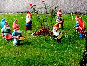 Sept nains de jardins autour d'un rosier.