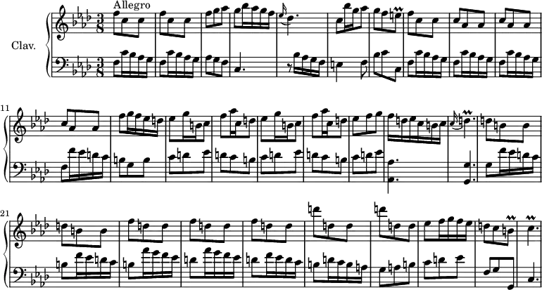 
\version "2.18.2"
\header {
  tagline = ##f
  % composer = "Domenico Scarlatti"
  % opus = "K. 186"
  % meter = "Allegro"
}
%% les petites notes
trillBq     = { \tag #'print { b8\prall } \tag #'midi { c32 b c b } }
trillCqp    = { \tag #'print { c4.\prall  } \tag #'midi { d32 c d c~ c4 } }
trillDqp    = { \tag #'print { d4.\prall  } \tag #'midi { ees32 d ees d~ d4 } }
trillEq     = { \tag #'print { e8\prall } \tag #'midi { f32 e f e } }
upper = \relative c'' {
  \clef treble 
  \key f \minor
  \time 3/8
  \tempo 4. = 76
  \set Staff.midiInstrument = #"harpsichord"
  \override TupletBracket.bracket-visibility = ##f
      s8*0^\markup{Allegro}
      \repeat unfold 2 { f8 c c } | f g aes | g bes16 aes g f | \appoggiatura ees16 des4. |
      % ms. 6
      c8 bes'16 g aes8 | g f \trillEq | f8 c c | \repeat unfold 3 { c aes aes } | 
      % ms. 12
      f'8 g16 f ees d | \repeat unfold 2 { ees8 g16 b, c8 | f aes16 c, d8 } | ees8 f g |
      % ms. 18
      f16 d ees c b c  | \appoggiatura c16 \trillDqp | \repeat unfold 2 { d8 b b } | \repeat unfold 3 { f' d d }
      % ms. 25
      \repeat unfold 2 { d'8 d, d } | ees8 f16 g f ees | d8 c \trillBq | \trillCqp 
}
lower = \relative c' {
  \clef bass
  \key f \minor
  \time 3/8
  \set Staff.midiInstrument = #"harpsichord"
  \override TupletBracket.bracket-visibility = ##f
    % ************************************** \appoggiatura a16  \repeat unfold 2 {  } \times 2/3 { }   \omit TupletNumber 
      \repeat unfold 2 { f,8 c'16 bes aes g } | aes8 g f | c4. | r8 bes'16 aes g f |
      % ms. 6
      e4 f8 | bes c c, | \repeat unfold 3 { f c'16 bes aes g } | f8 f'16 ees d c |
      % ms. 12
      b8 g b | \repeat unfold 2 { c d ees | d c b } | c d ees |
      % ms. 18
      < aes,, aes' >4. | < g g' > | g'8 f'16 ees d c | b8 f'16 ees d c | b8 aes'16 g f ees | d8 aes'16 g f ees |
      % ms. 24
      d8 f16 ees d c | b8 d16 c b a | g8 a b | c d ees | f, g g, | c4.
}
thePianoStaff = \new PianoStaff <<
    \set PianoStaff.instrumentName = #"Clav."
    \new Staff = "upper" \upper
    \new Staff = "lower" \lower
  >>
\score {
  \keepWithTag #'print \thePianoStaff
  \layout {
      #(layout-set-staff-size 17)
    \context {
      \Score
     \override SpacingSpanner.common-shortest-duration = #(ly:make-moment 1/2)
      \remove "Metronome_mark_engraver"
    }
  }
}
\score {
  \keepWithTag #'midi \thePianoStaff
  \midi { }
}
