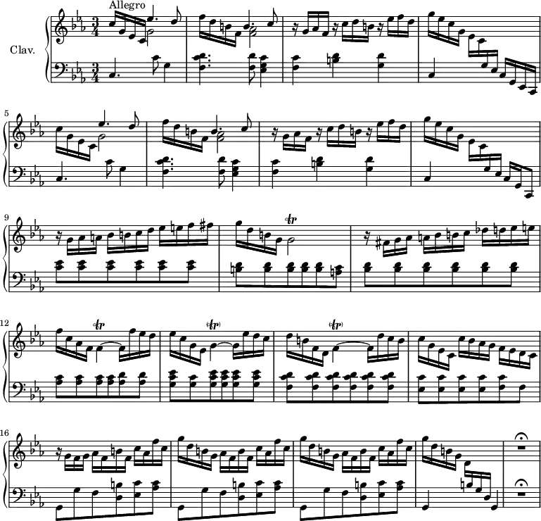 
\version "2.18.2"
\header {
  tagline = ##f
}
% petites notes
prallF     = { \tag #'print { f8.-\parenthesize\prall } \tag #'midi { g32 f g f~ f16 } }
prallG     = { \tag #'print { g2\trill } \tag #'midi { aes32 g aes g aes g~ g16~ g4 } } 
prallF     = { \tag #'print { f4~\trill } \tag #'midi { g32 f g f g f~ f16~ } } 
prallGpar  = { \tag #'print { g4~-\parenthesize\trill } \tag #'midi { aes32 g aes g aes g~ g16~ } } 
prallFpar  = { \tag #'print { f4~-\parenthesize\trill } \tag #'midi { g32 f g f g f~ f16~ } } 
upper = \relative c'' {
  \clef treble 
  \key c \minor
  \time 3/4
  \tempo 4 = 115
  \set Staff.midiInstrument = #"harpsichord"
    c16^\markup{Allegro} g ees c << { ees'4. d8 } \\ { g,2 } >> | f'16 d b f << { b4. c8 } \\ { < f, aes >2 } >> | r16 g16 aes f  r16 c'16 d b  r16 ees16 f d | 
    % ms. 4
    g16 ees c g  ees c \stemUp \change Staff = "lower" g16 ees s4 | \stemDown \change Staff = "upper" c''16 g ees c << { ees'4. d8 } \\ { g,2 } >> | f'16 d b f << { b4. c8 } \\ { < f, aes >2 } >> | r16 g16 aes f  r16 c'16 d b  r16 ees16 f d | 
    % ms. 8
    g16 ees c g  ees c \stemUp \change Staff = "lower" g16 ees s4 | \stemDown \change Staff = "upper" r16 g'16 aes a  bes b c d  ees e f fis | g d b g \prallG | 
    % ms. 11
    r16 fis16 g aes  a bes b c des d ees e  | f c aes f \prallF f16 f' ees d | ees16 c g ees \prallGpar g16 ees' d c |
    % ms. 14
    d16 b f d  \prallFpar f16 d' c b | c g ees c  c' bes aes  g f ees d c |  r16 g'16 f g  aes f b f  c' aes f' c |
    % ms. 17
    \repeat unfold 2 { g'16 d b g  aes f b f  c' aes f' c } | g'16 d b  g d \stemUp \change Staff = "lower" b g d s4 | 
    \change Staff = "upper"
    R2.\fermata
}
lower = \relative c {
  \clef bass
  \key c \minor
  \time 3/4
  \set Staff.midiInstrument = #"harpsichord"
    % **************************************
     c4. c'8 g4 | < f c' d >4. < f d' >8 < ees g c >4 | < f c' >4 < b d > < g d' > |
     % ms. 4
     c,4 s4 c16 g ees \tempo 4 = 40 c | \tempo 4 = 115 c'4. c'8 g4 | < f c' d >4. < f d' >8 < ees g c >4 | < f c' >4 < b d > < g d' > |
     % ms. 8
     c,4 s4 c16 g \tempo 4 = 40 c,8 | \tempo 4 = 115 \repeat unfold 6 { < c'' ees >8 } | \repeat unfold 5 { < b d >8 } < a c >8 | 
     % ms. 11
     \repeat unfold 6 { < bes d >8 } | \repeat unfold 4 { < aes c >8 } < aes d >8 q | < g c ees >8 < g c > < g c ees > q q q |
     % ms. 14
     \repeat unfold 6 { < f c' d >8 } | \repeat unfold 4 { < ees c' >8 } < f c' > f | \repeat unfold 3 { g,8 g' f < d b' >8 < ees c' > < aes c > } | g,4 s4 g | | R2.\fermata
} 
thePianoStaff = \new PianoStaff <<
    \set PianoStaff.instrumentName = #"Clav."
    \new Staff = "upper" \upper
    \new Staff = "lower" \lower
  >>
\score {
  \keepWithTag #'print \thePianoStaff
  \layout {
      #(layout-set-staff-size 17)
    \context {
      \Score
     \override SpacingSpanner.common-shortest-duration = #(ly:make-moment 1/2)
      \remove "Metronome_mark_engraver"
    }
  }
}
\score {
  \keepWithTag #'midi \thePianoStaff
  \midi { }
}
