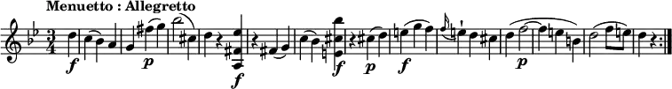 
  \relative c'' {
    \version "2.18.2"
    \key bes \major
    \tempo "Menuetto : Allegretto"
    \tempo 4 = 120
    \time 3/4
    \partial 4 d4\f
    c (bes) a
    g fis'\p (g)
    bes2 (cis,4)
    d r <a, fis' ees'> \f
    r fis' (g)
    c (bes) <e, cis' bes'> \f
    r cis'\p (d)
    e \f (g f)
    \grace f16 (e4-!) d cis
    d (f2\p ~ f4 e b)
    d2 (f8 e)
    d4 r \bar ":|."
}
