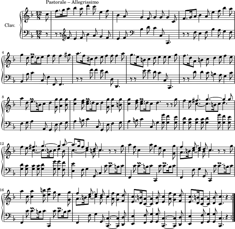 
\version "2.18.2"
\header {
  tagline = ##f
  % composer = "Domenico Scarlatti"
  % opus = "K. 446"
  % meter = "Pastorale Allegrissimo"
}
%% les petites notes
trillAccoCEesqp     = { \tag #'print { < c e >8.\prall } \tag #'midi { << { c8. } \\ { f32 e f e~ e16 } >> } }
trillCqp            = { \tag #'print { c8.\prall } \tag #'midi { d32 c d c~ c16 } }
trillEqp            = { \tag #'print { e8.\prall } \tag #'midi { f32 e f e~ e16 } }
upper = \relative c'' {
  \clef treble 
  \key f \major
  \time 12/8
  \tempo 4. = 72
  \set Staff.midiInstrument = #"harpsichord"
  \override TupletBracket.bracket-visibility = ##f
  \repeat volta 2 {
\partial 8
      s8*0^\markup{Pastorale – Allegrissimo}
      c8 | f8. g16 a8 bes4 a8 d4 c8 e,4 f8 | bes,4 a8 g4 f8 g4 g8 g4 c,8 | f8. g16 a8 bes4 a8 e'4 f8 bes4 a8 |
      % ms. 4
      g4 d8 \trillEqp d16 e8 f4 f8 f4 gis8 | a8. f16 cis8 d4 e8 f4 f8 f4 a8 | g8. e16 b8 c4 d8 e4 e8 e4 g8 | f8. d16 a8 b4 c8 d4 e8 f4 e8 |
      % ms. 8
      a4 d,8 \trillEqp b16 c8  d4 < g, g' >8 < a g' >4 < b g' >8 | < c g' >4 < d f >8 \trillAccoCEesqp d16 c8  d4 < g, g' >8 < a g' >4 < b g' >8 | < c g' >4 < d f >8 \trillAccoCEesqp d16 c8  d4. r8 r8 g8 |
      % ms. 11
      f4 e8 << { fis4. g4.~ g4 g8 } \\ { c,4.~ c8. b16 c8 d4. } >> | f4 e8 << { fis4. g4.~ g4 a8~ | a8. g16 f8 e4 d8 c4. } \\ { c4.~ c8. b16 c8 d4 b8 | c4.~ c4 b8 c4. } >> r8 r8 g'8 |
      % ms. 14
      a4f8 c4 a'8 g4 e8 c4 <g g' >8 | << { f'4 e8~ e4 d8 c4. } \\ { a8. b16 c8~ c4 b8 c4. } >> r8 r8 g'8 a4 c,8 <c a' >4 < d b' >8 < e c' >4 g8 e4 | < g, g' >8 |
      % ms. 17
       << { f'4 e8~ e4 d8 c4 } \\ { a8. b16 c8~ c4 b8 c4 } >> < a f' >8 < g e' >4 < f d' >8 | < e c' >8. < d b' >16 < c a' >8~ q4 < d b' >8 < e c' >4 < a f' >8 < g e' >4 < f d' >8 | < e c' >8. < d b' >16 < c a' >8~ q4   \tempo 4. = 52 < d b' >8   \tempo 4. = 35 < c c' >4. r4   \tempo 4. = 72 }%repet
}
lower = \relative c' {
  \clef bass
  \key f \major
  \time 12/8
  \set Staff.midiInstrument = #"harpsichord"
  \override TupletBracket.bracket-visibility = ##f
  \repeat volta 2 {
    % ************************************** \appoggiatura a16  \repeat unfold 2 {  } \times 2/3 { }   \omit TupletNumber 
      r8 | r8 r8   \clef treble f8 e4 f8 bes4 a8 g4 f8 | e4 f8   \clef bass bes,4 d8 c4 c,8 c,4. | r8 r8 f' e4  f8 bes4 a8 g4 f8 |
      % ms. 4
      bes,4 bes'8 c4 c,8 f4 f,8 f4. | r8 r8 f''8 f4 e8 d4 d,8 d,4. | r8 r8 e''8 e4 d8 c4 c,8 c,4. | r8 r8 d''8 d4 c8 b4 a8 g4 c8 | 
      % ms. 8
      f,4 g8 a4 a,8 g4 e'8 f4 g8 | a4 b8 c4 c,8 g4 e'8 f4 g8 | a4 b8 c4 c,8 g'4 < g g' >8 < g f' >4 < g e' >8 |
      % ms. 11
      < g d' >4 < g c >8 q4 q8 < g d' >4 < g g' >8 < g f' >4 < g e' >8 | < g d' >4 < g c >8 q4 q8 < g d' >4 < g g' >8 q4 < f f' >8 | < e e' >4 f8 g4 g,8 c4 c'8 \trillCqp b16 c8 |
      % ms. 14
      f,,4 c''8 \trillCqp b16 c8 c,,4 c''8 \trillCqp b16 c8 | f,,4 f'8 g4 g,8 c,4 c''8 \trillCqp b16 c8 | f,,4 c''8 \trillCqp b16 c8 c,,4 c''8 \trillCqp b16 c8 |
      % ms. 17
      f,,4 f'8 g4 g,8 \repeat unfold 2 { < c, c' >4.~ q4 < d d' >8 | < e e' >4 < f f' >8 < g g' >4 q8 } < c, c' >4. r4 }%repet 
}
thePianoStaff = \new PianoStaff <<
    \set PianoStaff.instrumentName = #"Clav."
    \new Staff = "upper" \upper
    \new Staff = "lower" \lower
  >>
\score {
  \keepWithTag #'print \thePianoStaff
  \layout {
      #(layout-set-staff-size 17)
    \context {
      \Score
     \override SpacingSpanner.common-shortest-duration = #(ly:make-moment 1/2)
      \remove "Metronome_mark_engraver"
    }
  }
}
\score {
  \unfoldRepeats 
  \keepWithTag #'midi \thePianoStaff
  \midi { }
}
