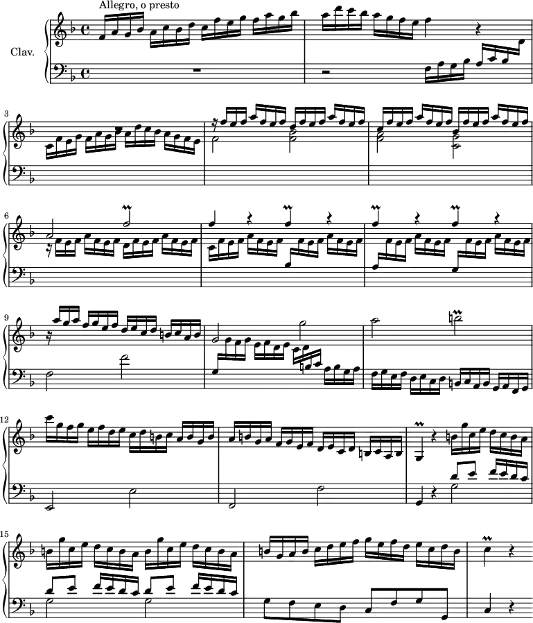 
\version "2.18.2"
\header {
  tagline = ##f
  % composer = "Domenico Scarlatti"
  % opus = "K. 445"
  % meter = "Allegro, o presto"
}
%% les petites notes
trillFbUp      = { \tag #'print { f'2\prall } \tag #'midi { g32 f g f~ f8~ f4 } }
trillF         = { \tag #'print { f4\prall } \tag #'midi { g32 f g f~ f8 } }
trillBb        = { \tag #'print { b2\prall } \tag #'midi { c32 b c b~ b8~ b4 } }
trillG         = { \tag #'print { g4\prall } \tag #'midi { a32 g a g~ g8 } }
trillC         = { \tag #'print { c4\prall } \tag #'midi { d32 c d c~ c8 } }
upper = \relative c'' {
  \clef treble 
  \key f \major
  \time 4/4
  \tempo 4 = 126
  \set Staff.midiInstrument = #"harpsichord"
  \override TupletBracket.bracket-visibility = ##f
      s8*0^\markup{Allegro, o presto}
      f,16 a g bes a c bes \stemDown \change Staff = "upper"  d | c16 f e g f a g bes a d c bes a g f e | f4 r4 
      % ms. 3
      R1 | \stemUp r16 f16 e f a f e f d f e f a f e f |
      % ms. 5
      c16 f e f a f e f bes, f' e f a f e f | a,2 \trillFbUp | f4 r4 \repeat unfold 3 { \trillF r4 } |
      % ms. 9
      r16 a16 g a f g e f d e c d b c a b | \stemNeutral g2 g' |
      % ms. 11
      a2 \trillBb | c16 g f g e f d e c d b c a b g b | a b g a f g e f d e c d b c a b |
      % ms. 14
      \trillG r4 \repeat unfold 3 { b'16 g' c, e d c b a } | b g a b c d e f g e f d e c d b |
      % ms. 17
      \trillC r4 
}
lower = \relative c' {
  \clef bass
  \key f \major
  \time 4/4
  \set Staff.midiInstrument = #"harpsichord"
  \override TupletBracket.bracket-visibility = ##f
    % ************************************** \appoggiatura a16  \repeat unfold 2 {  } \times 2/3 { }   \omit TupletNumber 
      R1 | r2 | f,16 a g bes a c bes \stemDown \change Staff = "upper"  d | 
      % ms. 3
      c16 f e g f a g bes a d c bes a g f e | f2 < f bes >
      % ms. 5
      < f a >2 < c g' > | r16 f16 e f a f e f d f e f a f e f | c f e f a f e f \stemUp \change Staff = "lower" bes, \stemDown \change Staff = "upper" f' e f a f e f | \stemUp \change Staff = "lower" 
      % ms. 8
      a,16 \stemDown \change Staff = "upper" f' e f a f e f \stemUp \change Staff = "lower"  g, \stemDown \change Staff = "upper" f' e f a f e f | \stemNeutral \change Staff = "lower" f,2 f' | g,16 \stemDown \change Staff = "upper" g' f g e f d e c d \stemUp \change Staff = "lower"  b c \stemNeutral a b g a |
      % ms. 11
      f16 g e f d e c d b c a b g a f g | e2 e' | f, f' |
      % ms. 14
      g,4 r4 \repeat unfold 3 { << { d''8 e f16 e d c } \\ { g2 } >> } | g8 f e d c f g g, |
      % ms. 17
      c4 r4
}
thePianoStaff = \new PianoStaff <<
    \set PianoStaff.instrumentName = #"Clav."
    \new Staff = "upper" \upper
    \new Staff = "lower" \lower
  >>
\score {
  \keepWithTag #'print \thePianoStaff
  \layout {
      #(layout-set-staff-size 17)
    \context {
      \Score
     \override SpacingSpanner.common-shortest-duration = #(ly:make-moment 1/2)
      \remove "Metronome_mark_engraver"
    }
  }
}
\score {
  \keepWithTag #'midi \thePianoStaff
  \midi { }
}
