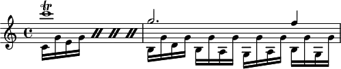 
\header {
  tagline = ##f
}
\score {
  \new Staff \with {
  }
<<
  \relative c' {
    \key c \major
    \time 4/4
    \override TupletBracket #'bracket-visibility = ##f 
    \autoBeamOff
     %%%%%%%%%%%%%%%%%%%%%%%%%% K28
     << { c''1\trill g2. f4 } \\ { \repeat percent 4 { c,16[ g' e g]} b, g' d g] b,[ g' a, g'] g,[ g' a, g'] b,[ g' g, g'] } >>
  }
>>
  \layout {
    \context {
      \remove "Metronome_mark_engraver"
    }
  }
  \midi {}
}
