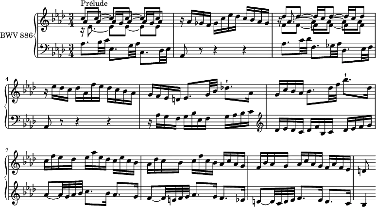 
\version "2.18.2"
\header {
  tagline = ##f
}
upper = \relative c'' {
  \clef treble 
  \key aes \major
  \time 3/4
  \tempo 4 = 66
  \set Staff.midiInstrument = #"harpsichord" 
   %% PRÉLUDE CBT II-7, BWV 876, mi bémol majeur
   << {
     \override Beam #'positions = #'( 3.5 . 3.5 )
     s1*0-\markup{Prélude} c8 c~ c[ c~] c c |
     \revert Beam #'positions
   } \\ {
     r16 ees,8.~ ees8[ ees~] ees ees |
   } \\ {
     \override Beam #'positions = #'( 2.5 . 2.5 )
     aes8 aes~ aes16 g aes8~ aes16 g aes8 |
     \revert Beam #'positions
   } >>
   r16 aes16 ges f ges c ees des c bes aes ges |
   << {
     des'8 des~ des16 c des8~ des16 c des8
   } \\ {
     f,8 f~ f[ f~] f f
   } \\ {
     \once \override NoteColumn.X-offset = #-1.2 b16\rest aes8.~ \stemDown aes8[ aes~] aes aes
   } >>
   r16 ees'16 des c des aes f' ees des c bes aes | g f ees d ees8. g32 bes des!8.-! aes16 g c bes aes bes8. des32 f bes8.-! des,16 | c f ees des ees aes ees des c ees c bes | aes des c bes c f c bes aes c aes g | f bes aes g aes c aes g f aes f ees | d8
}
lower = \relative c' {
  \clef bass 
  \key aes \major
  \time 3/4
  \set Staff.midiInstrument = #"harpsichord" 
   aes8. bes32 c ees,8. g32 aes c,8. des32 ees aes,8 r8 r4 r4 |
   aes'8. c32 des f,8. ges32 aes des,8. ees32 f | aes,8 r8 r4 r4 |
   r16 aes'16 g f g bes ees, f g aes bes c   \clef treble   des ees des c des f bes, c des ees f g |
   aes8~ aes32 g aes bes c8. bes16 aes8. g16 | f8~ f32 e f g aes8. g16 f8. ees16 d8~ d32 c d ees f8. ees16 d8. c16 | bes4~ 
} 
\score {
  \new PianoStaff <<
    \set PianoStaff.instrumentName = #"BWV 886"
    \new Staff = "upper" \upper
    \new Staff = "lower" \lower
  >>
  \layout {
    \context {
      \Score
      \remove "Metronome_mark_engraver"
      \override SpacingSpanner.common-shortest-duration = #(ly:make-moment 1/2)
    }
  }
  \midi { }
}
