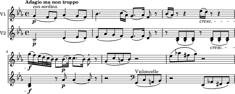 
<< \new Staff \with { instrumentName = #"V1 "}
    \relative c'' {
    \version "2.18.2"
    \key ees \major
    \tempo "Adagio ma non troppo"
    \time 4/4
    \tempo 4 = 50
    g4\p ^ \markup{con sordino}  (f8 ees) aes4 (g8 f)
    bes4. c16 (aes) g8. (aes16) f8 r
    bes16 (aes) r8 r4 ees'16 \cresc (d) r8 r4
    g16\f (f) ees32 (d c bes) bes8 bes16.\p (c32) c8. (bes16) bes8-! r
    g (c a bes) r2 ees8 (aes! fis g) r2
}
\new Staff \with { instrumentName = #"V2 "} \relative c'' {
    \key ees \major
    bes,2\p d4 (ees8 d)
    ees (aes g f) ees8. (f16) d8 r
    r <bes d>8-. (<bes d>8-. <bes d>8-.) r <bes d>8-. \cresc (<bes d>8-. <bes d>8-.)
    <bes d>4 \f r8 aes'8 \p aes4 (aes8) r r2
    \clef "bass" g,,8 ^ \markup{Violoncelle} (c a bes) r2 ees,8 (aes! fis g)
 }
>>
