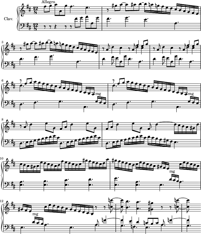 
\version "2.18.2"
\header {
  tagline = ##f
}
%% les petites notes
trillB      = { \tag #'print { bes'8.\trill } \tag #'midi { c32 bes c bes~ bes16 } }
upper = \relative c'' {
  \clef treble 
  \key d \major
  \time 12/8
  \tempo 4. = 80
  \set Staff.midiInstrument = #"harpsichord"
 s8*0^\markup{Allegro}
      s8 fis8 g a a, g' fis4. e | \repeat unfold 2 { r8 gis8 a~ a ais b~ b16 a g fis e d cis b a g fis e } |
      % ms. 4
      \repeat unfold 2 { r8 a8 d4 cis r8 a8 << { fis'4 e8 g } \\ {  d4 cis } >> } |
      % ms. 6
      \repeat unfold 2 { << { r8 fis8 g } \\ { d4. } >> a'16 g fis e d cis b a g fis e d cis b a s8. } |
      % ms. 8
      r8 \repeat unfold 3 { a'8 d4 e8 g, fis } d'4~ d16 cis b a gis d' |
      % ms. 10
      cis16 b a gis a e' d cis b a b fis' e d cis b cis gis' fis e d cis d a' | gis fis e d cis b cis e d cis b a gis fis e s8. cis'16 e d cis b a
      % ms. 12
      gis16 fis e s8. cis'16 e d cis b a gis fis e d cis b r8 r8 < c' c' >8~ q < b b' >4. < a a' > < gis gis'>4 r8 r8 < c c' >8~ q
}
lower = \relative c' {
  \clef bass
  \key d \major
  \time 12/8
  \set Staff.midiInstrument = #"harpsichord"
    % **************************************
       s8 r8 r8 r4 r8 r8 fis8 g a a, g' | fis4. g e a, | d fis g a, | \repeat unfold 2 { d4 fis8 e a, g' d4. a } |
       % ms. 6
       \repeat unfold 2 { d,4. fis g << { s8. g16^\markup{mg} fis e  } \\ { a,4. } >> } |
       % ms. 8
       \repeat unfold 3 { d8. e16 fis g a b cis d e cis } d16 cis b a gis fis e4.
       % ms. 10
       < e a >4. < e b' > < e cis' > < e d' > | < e e' > < a e > \repeat unfold 2 { << { s8. d16^\markup{mg} cis b } \\ { e,4. } >> a4. } e4. << { \mergeDifferentlyDottedOn a8 f'4~ | f4 e d c8 b c a f'4~ | f4 } \\ { a,4. | g f e a g } >>
}
thePianoStaff = \new PianoStaff <<
    \set PianoStaff.instrumentName = #"Clav."
    \new Staff = "upper" \upper
    \new Staff = "lower" \lower
  >>
\score {
  \keepWithTag #'print \thePianoStaff
  \layout {
      #(layout-set-staff-size 17)
    \context {
      \Score
     \override SpacingSpanner.common-shortest-duration = #(ly:make-moment 1/2)
      \remove "Metronome_mark_engraver"
    }
  }
}
\score {
  \keepWithTag #'midi \thePianoStaff
  \midi { }
}
