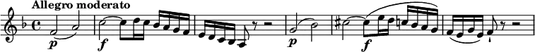 
\relative c'' {
    \version "2.18.2"
    \key f \major
    \tempo "Allegro moderato"
    \tempo 4 = 130
    \time 4/4
     f,2\p (a)
    c2\f ~ c8 d16 c bes a g f e d c bes a8 r r2
     g'2\p (bes)
    cis2 ~ cis8\f (e16 d c bes a g) 
    f (e g e) f8-! r r2
}
