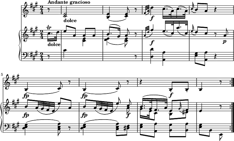 
\version "2.18.2"
\header {
  tagline = ##f
}
upper = \relative c'' {
               \key a \major
               \time 2/4
               \tempo 4 = 60
           \partial 8  cis16.\trill _ \markup \bold {"dolce"}  d32
            \stemUp e8 a, a a
            b8. ^( gis16) a8 r
           \grace {a32 (d} fis4) \f e16. (cis32) a'16. (cis,32)
            \grace e32 (d8) cis r8 a  \p
            b \fp a32 (gis fis e e'8) a,
            b \fp a32 (gis fis e e'8) 
            <<{\stemDown a,8  \f gis16. e32 cis8 b dis} \\ { \stemUp cis'8 b16. ^ (gis32 fis16. a32) e8  \grace gis32 (fis8)}>>
            e4 r8  \bar ":|."
            } 
lower =  \relative c' {
                \clef bass 
                \key a \major
              \time 2/4
           \partial 8 r8 cis4 \change Staff =upper \stemDown <cis e>4 <d e> _ (<cis e>8)  \change Staff =lower r8
           <d, d'>4 <a a'>
           <e' gis>8 <a, a'> r4
           <d e gis>4 (<cis e a>8) r 
           <d e gis>4 (<cis e a>8) <dis fis>8
           <e gis> <a, a'> <b gis'> <b a'>
           <e gis> b e, \bar ":|."
             }
 vl = \relative c'' {
               \key a \major
              \time 2/4
           \partial 8 r8  ^ \markup \bold {{"Andante gracioso"}}  <cis, e>2 _ \markup \bold {"dolce"} 
           <b e>4 (<cis e>8) r8
           \grace {fis32 (a} d4\f) cis16. (a32) cis16. (a32)
           \grace cis32 (b8) a r4
            b, \fp (cis8) r8
            b4 \fp (cis8) r8
            r4 b8-.\f b-. 
            b4 r8 \bar ":|."
                 }               
\score {
    \new GrandStaff <<
      \new PianoStaff <<  
        \new Staff = "upper" \upper
        \new Staff = "lower" \lower
       \set Staff.midiMinimumVolume = #0.2 \set Staff.midiMaximumVolume = #0.5
    >>
   \new Staff = "vl" \vl
    >>   
    \layout {
    \context {
      \Score
      \remove "Metronome_mark_engraver"
    }
  }
  \midi { }
}
