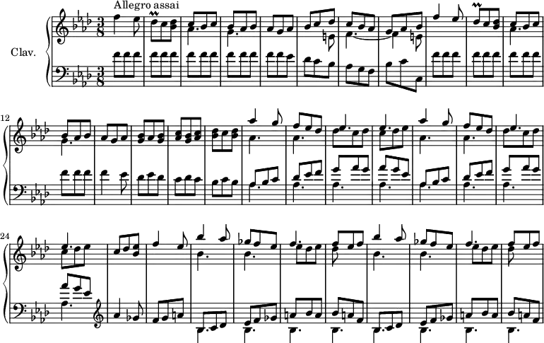 
\version "2.18.2"
\header {
  tagline = ##f
}
%% les petites notes
trillDesq = { \tag #'print { des8\prall } \tag #'midi { ees32 des ees des } }
upper = \relative c'' {
  \clef treble 
  \key f \minor
  \time 3/8
  \tempo 4. = 86
  \set Staff.midiInstrument = #"harpsichord"
  \override TupletBracket.bracket-visibility = ##f
     s8*0^\markup{Allegro assai}
     f4 ees8 | \trillDesq c < bes des > | << { c8 bes c | bes aes bes | aes g aes | bes c des | c bes aes | g aes bes | f'4 ees8 | \trillDesq c < bes des > | } \\ { aes4. | g | s4. | s4 e8 | f4.~ f4 e8 } >> |
     % ms. 11
     << { c'8 bes c | bes aes bes | aes g aes } \\ { aes4. | g } >> | < g bes >8 aes < g bes > | < aes c > < g bes > < aes c > |
     % ms. 16
     < bes des >8 c < bes des > | << { \repeat unfold 2 { aes'4 g8 | f ees des | ees4. | ees } | c8 des < bes ees > | f'4 ees8 } \\ { \repeat unfold 2 { aes,4. | aes | des8 c des | c des ees } | } >>
     % m. 27
     \repeat unfold 2 { << { bes'4 aes8 | ges8 f ees | f4. | f8 ees f } \\ { bes,4. | bes | ees8 des ees | des } >> } |
     % ms. 35
}
lower = \relative c' {
  \clef bass
  \key f \minor
  \time 3/8
  \set Staff.midiInstrument = #"harpsichord"
  \override TupletBracket.bracket-visibility = ##f
    % **************************************
      \repeat unfold 14 { f8 } ees8 | des c bes | aes g f |
      % ms. 8
      bes c c, | \repeat unfold 12 { f'8 } | f4 ees8 | des ees des | c des c |
      % ms. 16
      bes8 c bes | \repeat unfold 2 { << { aes bes c | des ees f | g aes g | aes g ees } \\ { \mergeDifferentlyDottedOn \repeat unfold 4 { aes,4. } } >> } |   \clef treble 
      % ms. 25
      aes'4 ges8 | f g a | \repeat unfold 2 { << { bes,8 c des  | ees f ges | a bes a | bes a f } \\ { \repeat unfold 4 { bes,4. } } >> }
}
thePianoStaff = \new PianoStaff <<
    \set PianoStaff.instrumentName = #"Clav."
    \new Staff = "upper" \upper
    \new Staff = "lower" \lower
  >>
\score {
  \keepWithTag #'print \thePianoStaff
  \layout {
      #(layout-set-staff-size 17)
    \context {
      \Score
     \override SpacingSpanner.common-shortest-duration = #(ly:make-moment 1/2)
      \remove "Metronome_mark_engraver"
    }
  }
}
\score {
  \keepWithTag #'midi \thePianoStaff
  \midi { }
}
